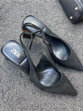 ZARA Black Pointed Slingback Heels with Ankle Strap